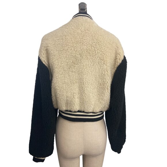 Rue21 Varsity Jacket Faux Fur Bomber Jacket Black Cream Bear Hug Comfy Cute - Picture 6 of 11